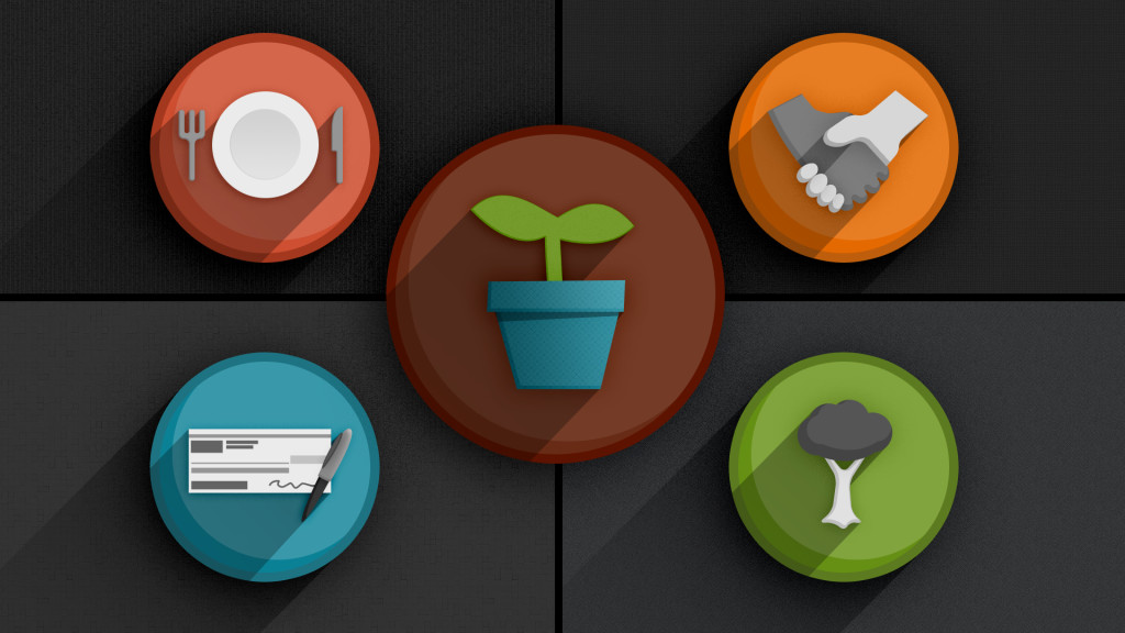 Icons about urban farming: healthy food, community, jobs, and environmental impact