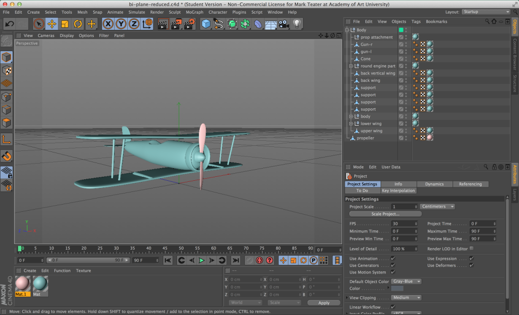 a view from within Cinema showing the model bi-plane.